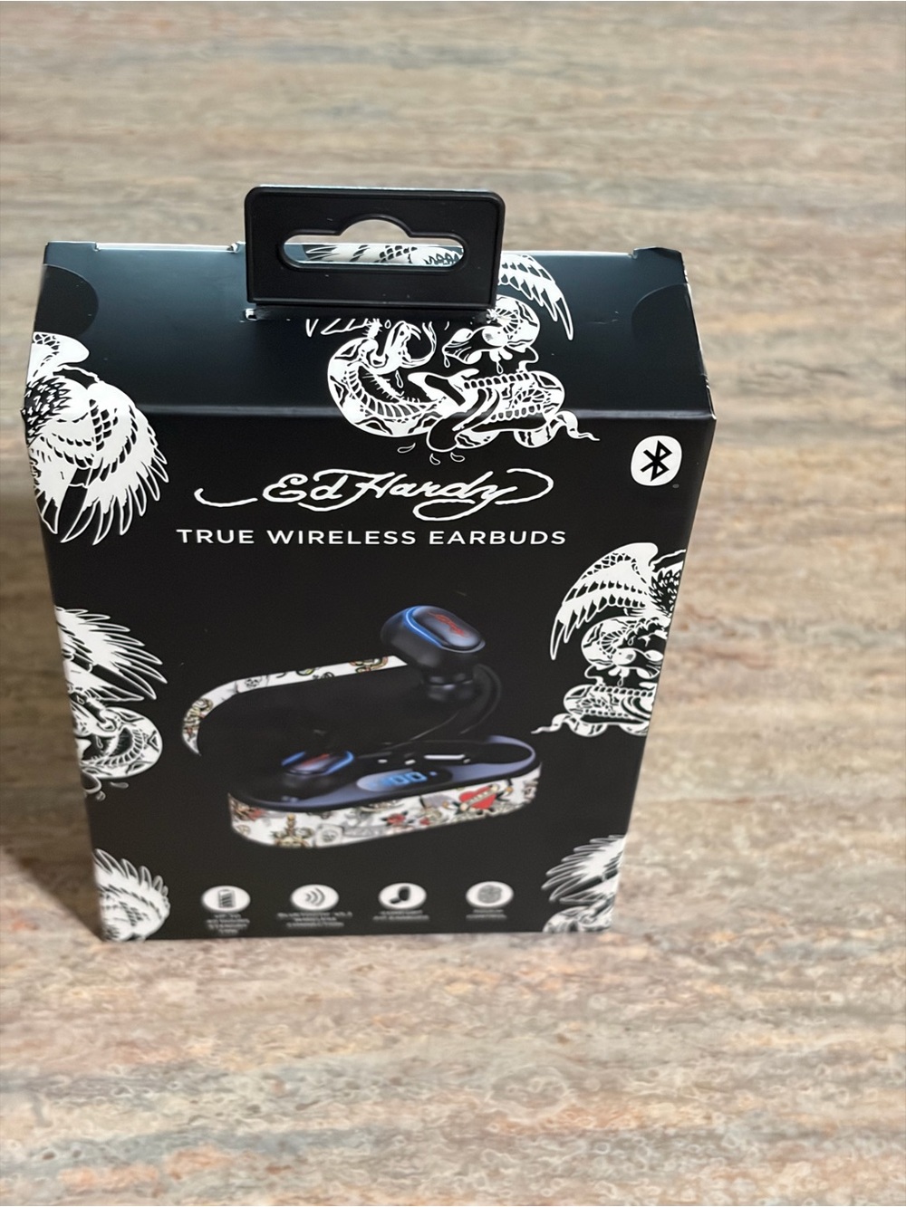 Ed Hardy Black Wireless Earbuds with White Tattoo-Print Charging Case